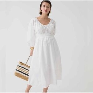 JCREW V Neck Midi Dress White Soft Gauzy Cotton Smocked Puff Sleeve Women’s XS